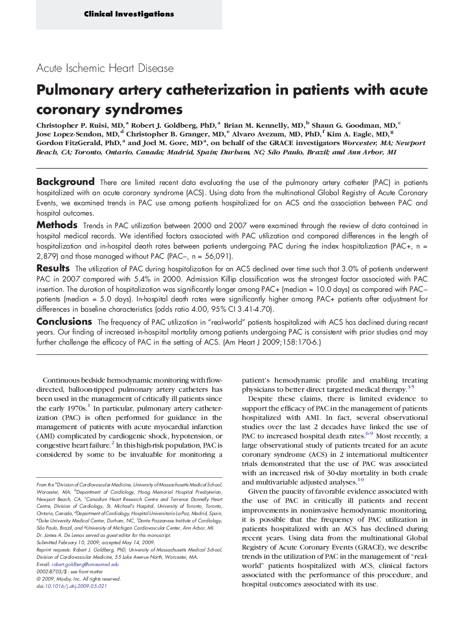 Pulmonary artery catheterization in patients with acute coronary syndromes 