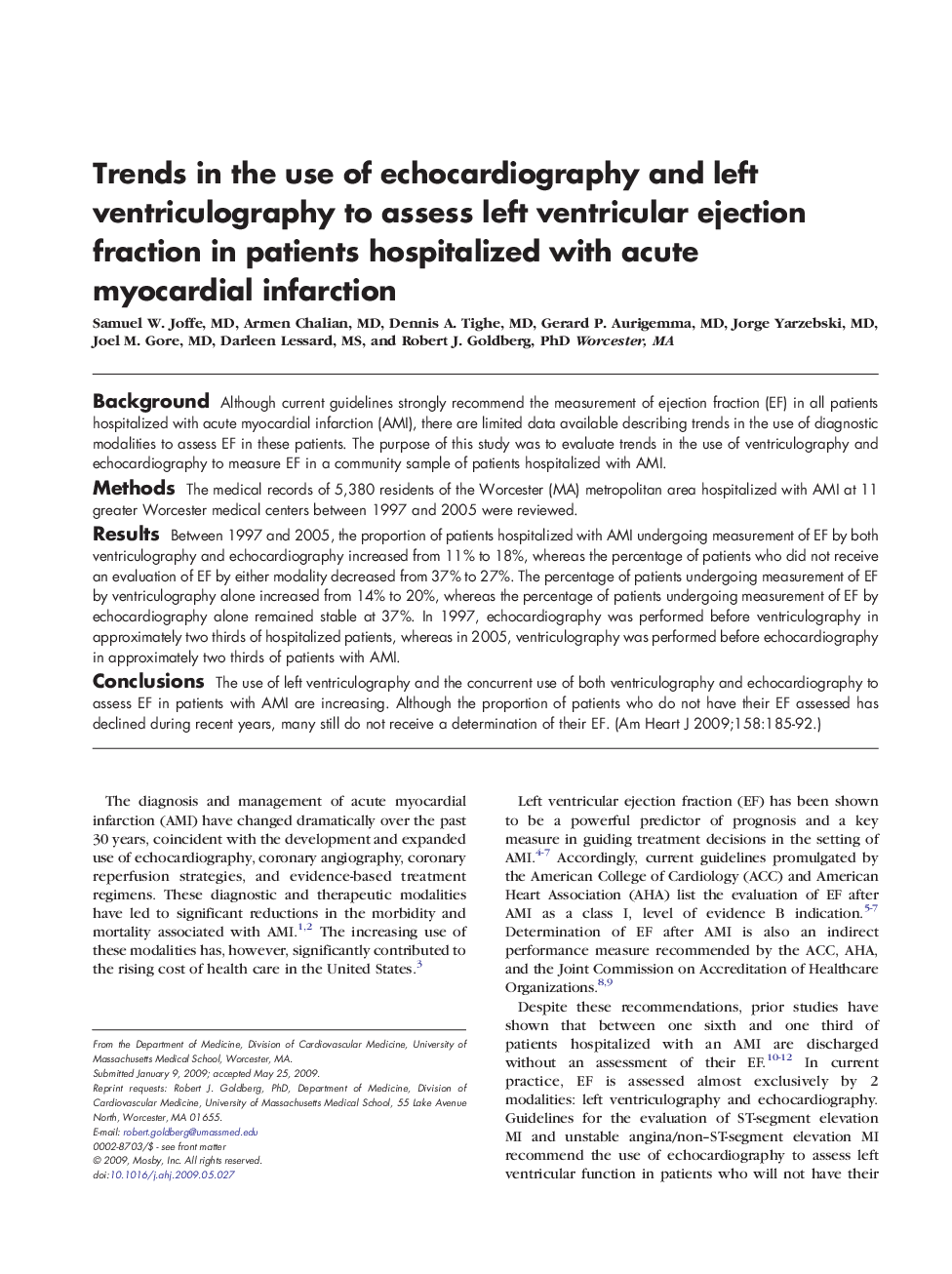 Trends in the use of echocardiography and left ventriculography to assess left ventricular ejection fraction in patients hospitalized with acute myocardial infarction