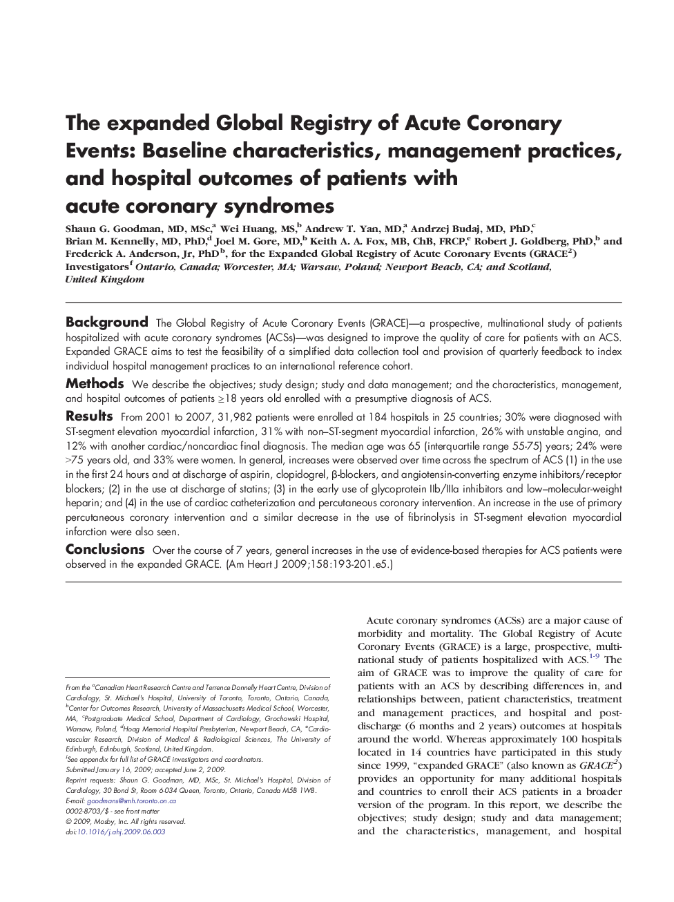 The expanded Global Registry of Acute Coronary Events: Baseline characteristics, management practices, and hospital outcomes of patients with acute coronary syndromes