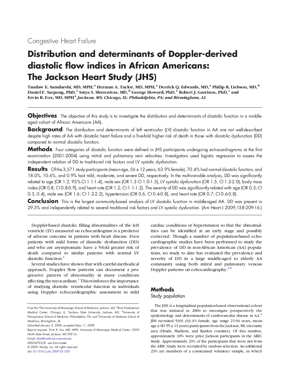 Distribution and determinants of Doppler-derived diastolic flow indices in African Americans: The Jackson Heart Study (JHS)