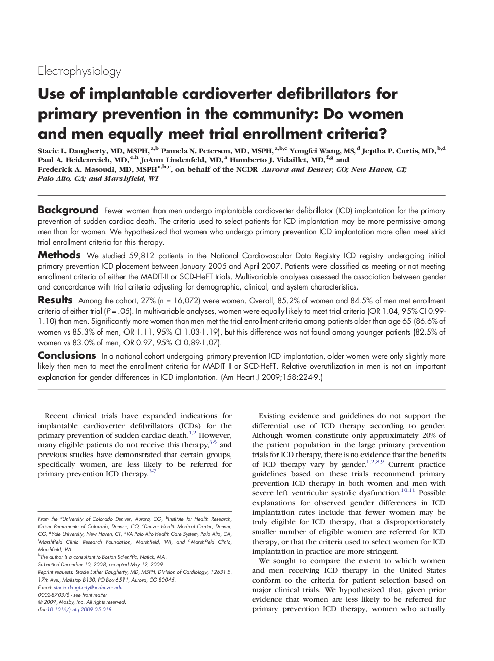 Use of implantable cardioverter defibrillators for primary prevention in the community: Do women and men equally meet trial enrollment criteria?