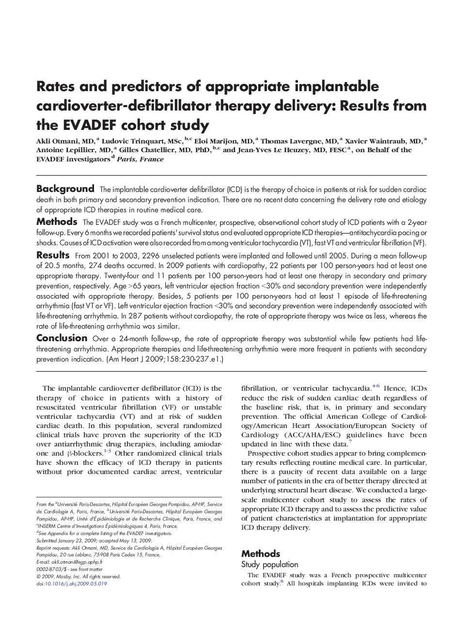 Rates and predictors of appropriate implantable cardioverter-defibrillator therapy delivery: Results from the EVADEF cohort study