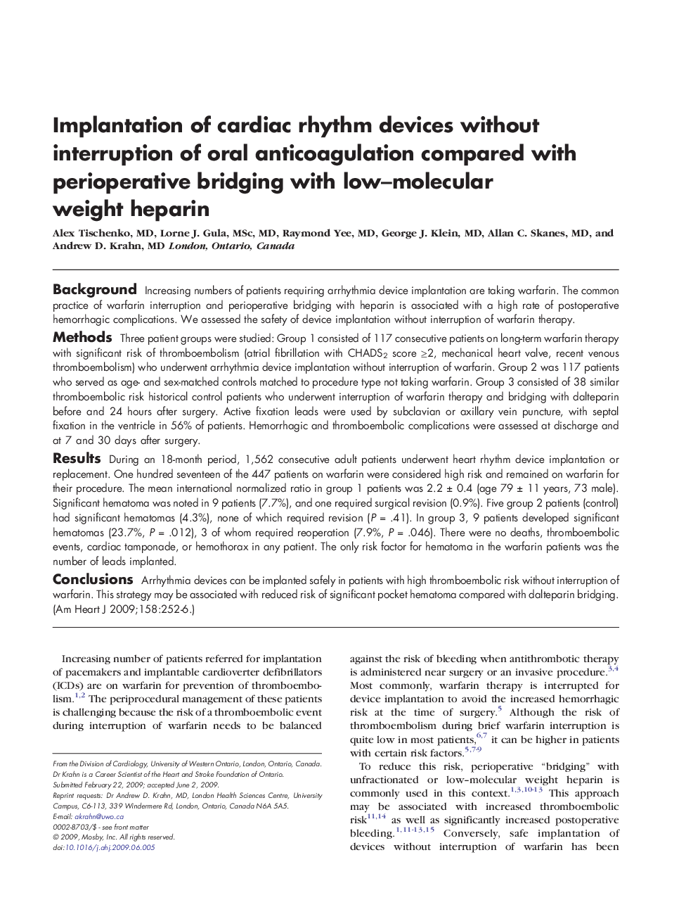 Implantation of cardiac rhythm devices without interruption of oral anticoagulation compared with perioperative bridging with low–molecular weight heparin 