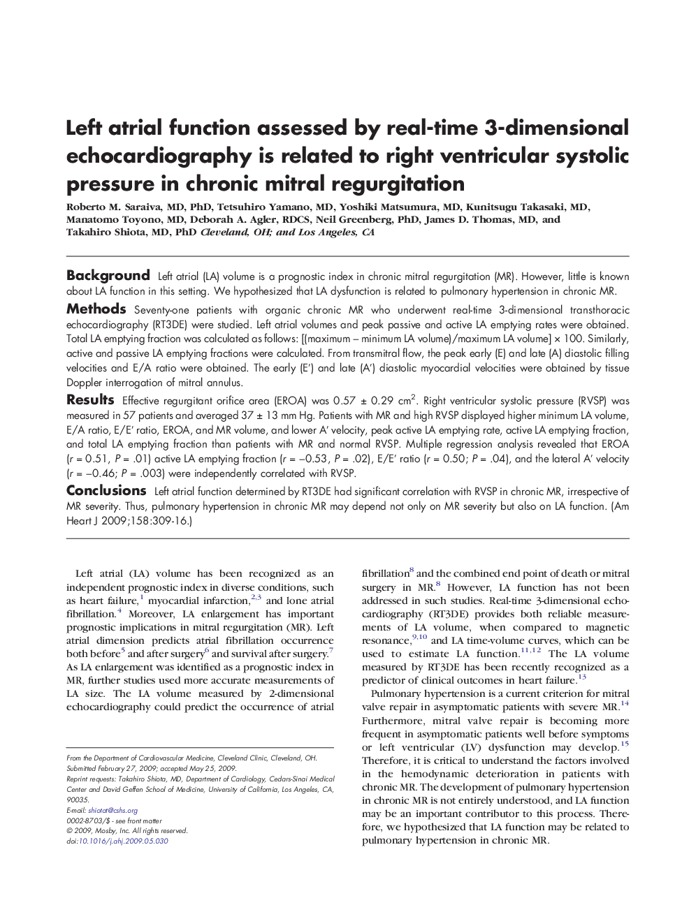 Left atrial function assessed by real-time 3-dimensional echocardiography is related to right ventricular systolic pressure in chronic mitral regurgitation