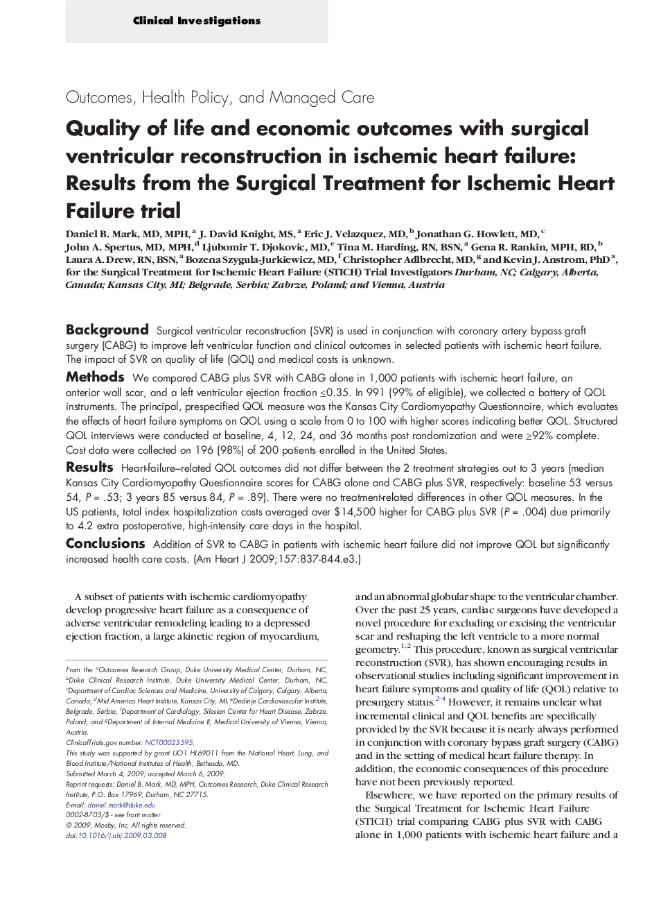 Quality of life and economic outcomes with surgical ventricular reconstruction in ischemic heart failure: Results from the Surgical Treatment for Ischemic Heart Failure trial