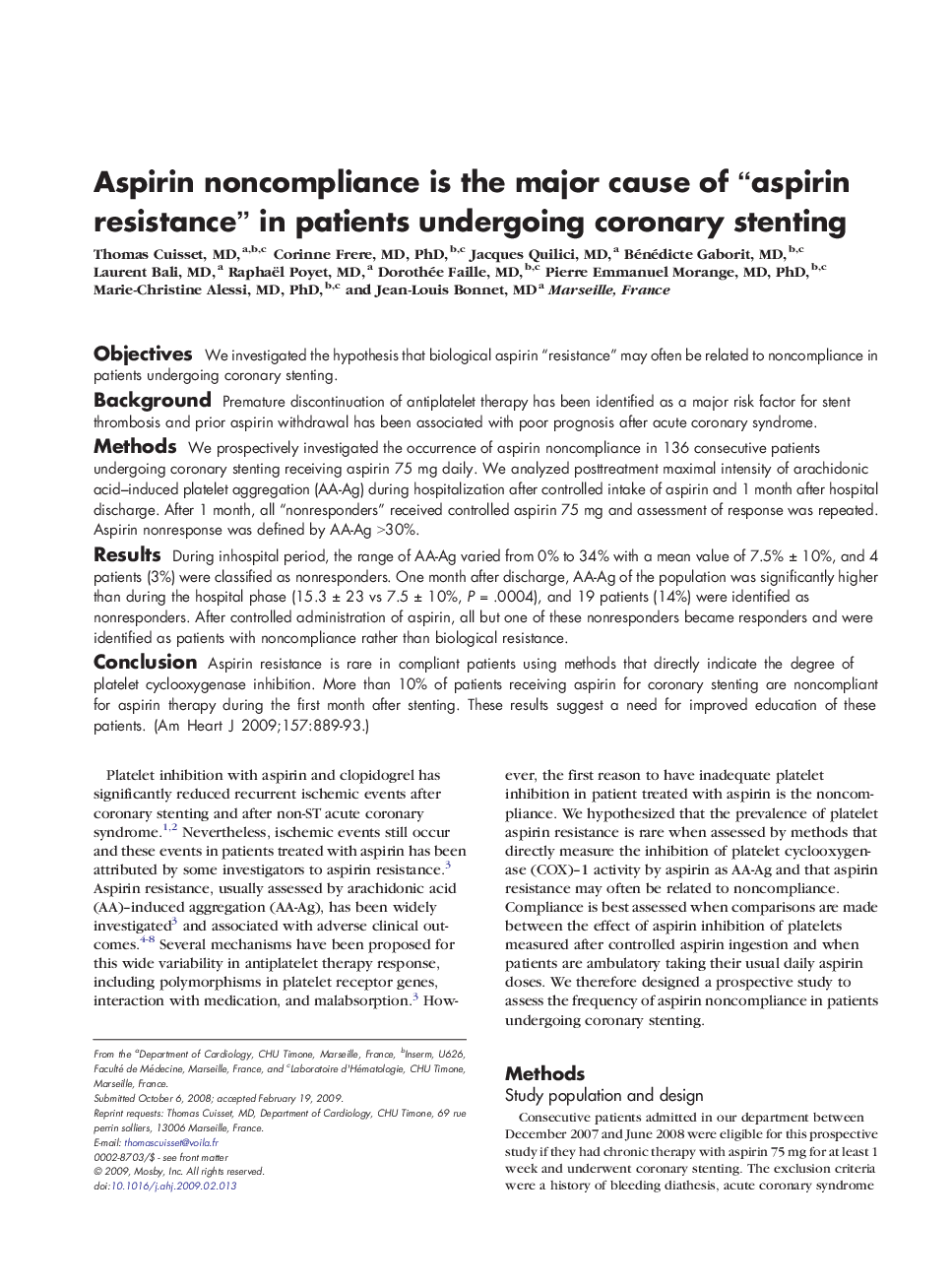 Aspirin noncompliance is the major cause of “aspirin resistance” in patients undergoing coronary stenting