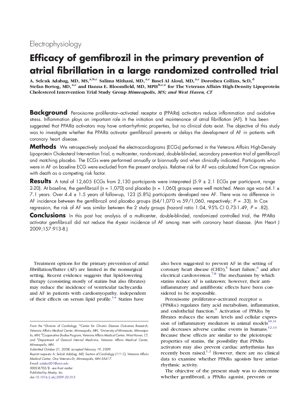 Efficacy of gemfibrozil in the primary prevention of atrial fibrillation in a large randomized controlled trial