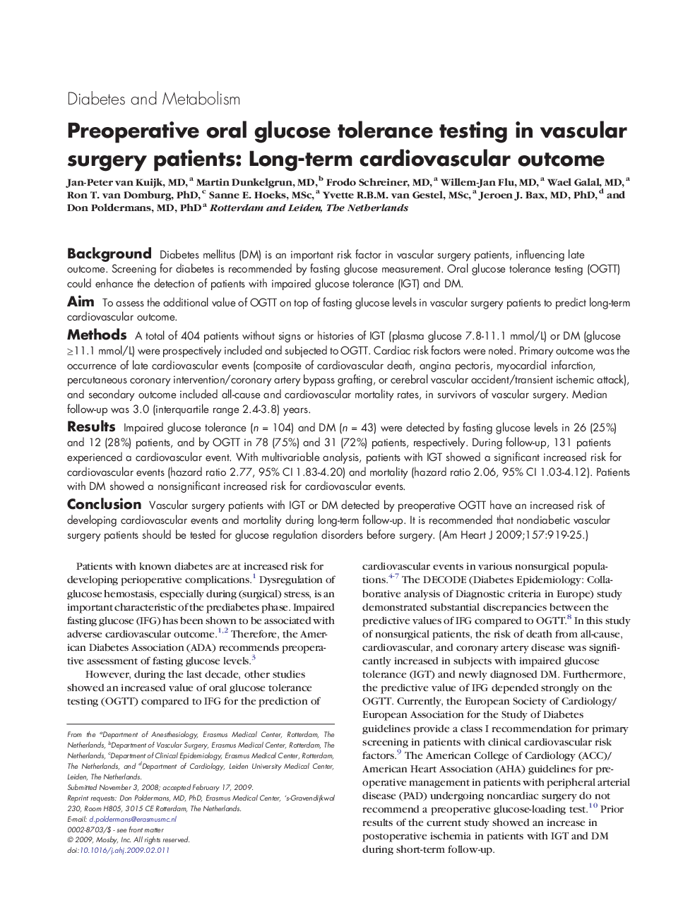 Preoperative oral glucose tolerance testing in vascular surgery patients: Long-term cardiovascular outcome