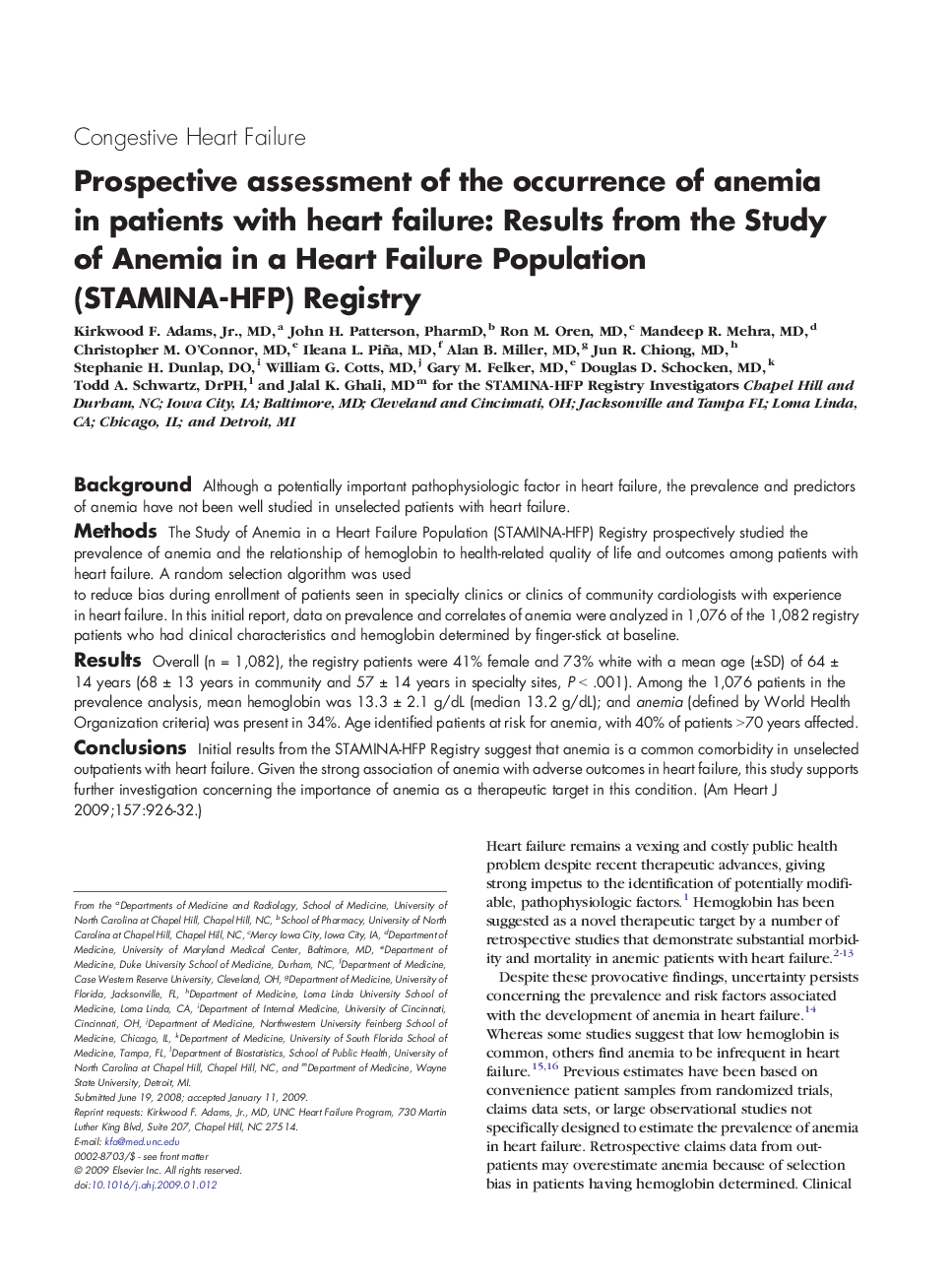 Prospective assessment of the occurrence of anemia in patients with heart failure: Results from the Study of Anemia in a Heart Failure Population (STAMINA-HFP) Registry