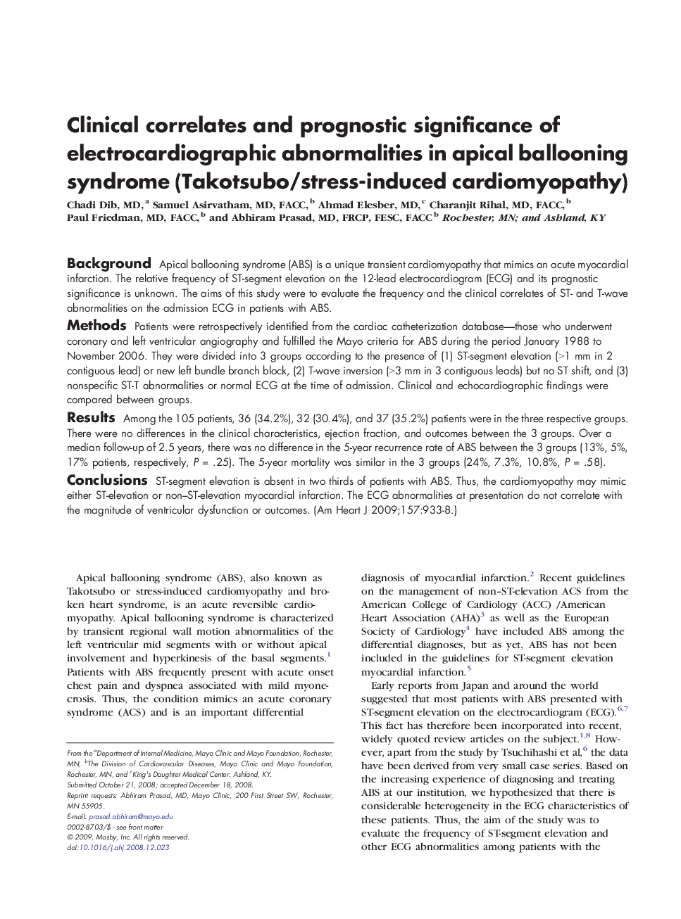 Clinical correlates and prognostic significance of electrocardiographic abnormalities in apical ballooning syndrome (Takotsubo/stress-induced cardiomyopathy)