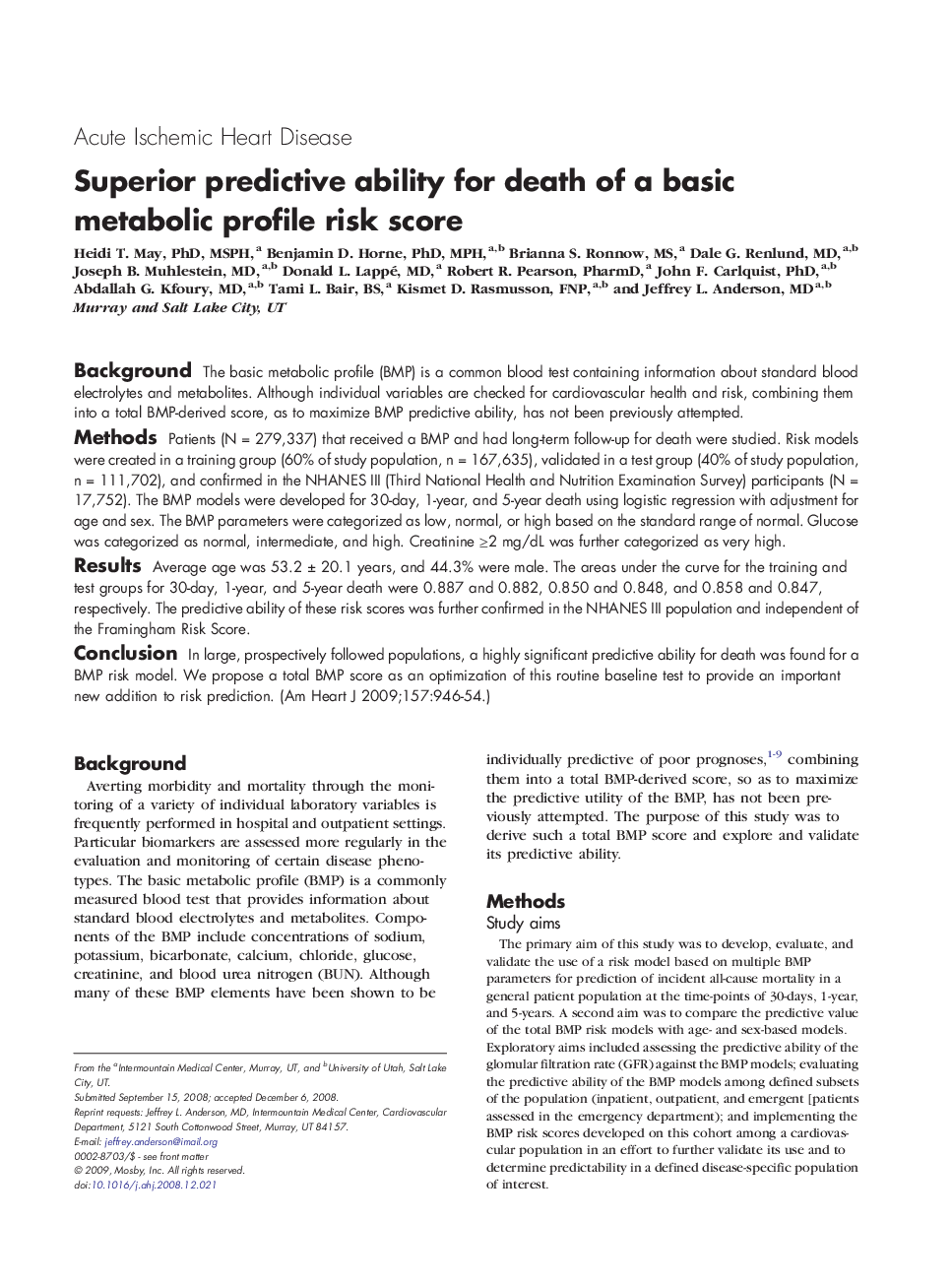 Superior predictive ability for death of a basic metabolic profile risk score