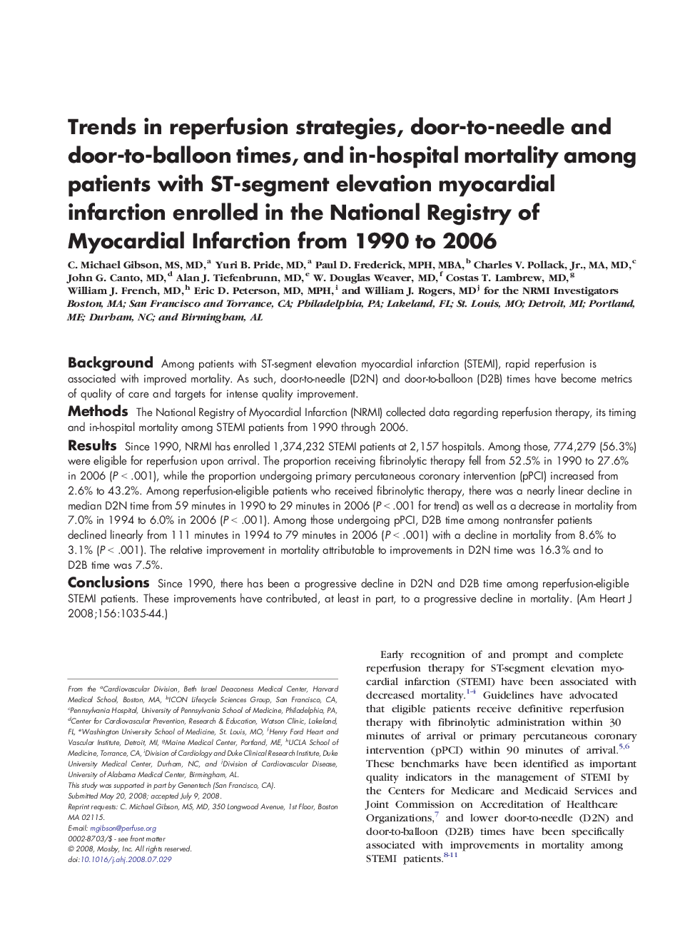 Trends in reperfusion strategies, door-to-needle and door-to-balloon times, and in-hospital mortality among patients with ST-segment elevation myocardial infarction enrolled in the National Registry of Myocardial Infarction from 1990 to 2006 