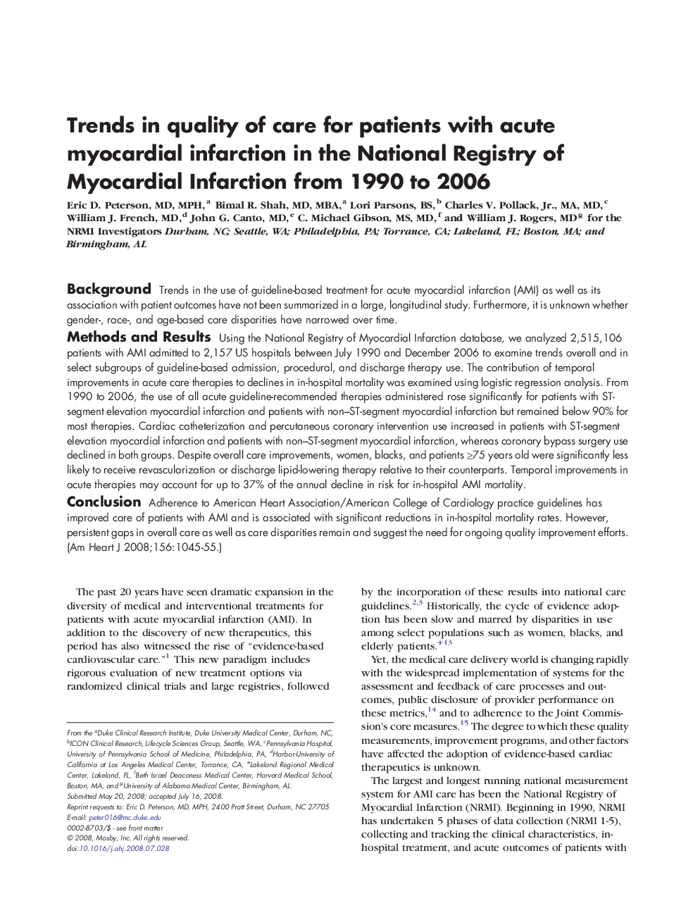 Trends in quality of care for patients with acute myocardial infarction in the National Registry of Myocardial Infarction from 1990 to 2006