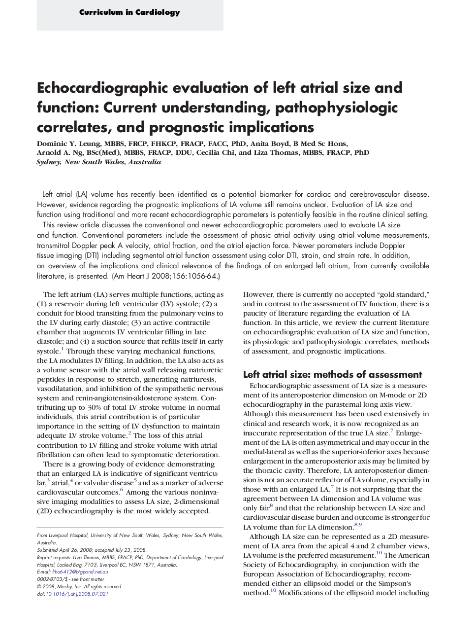 Echocardiographic evaluation of left atrial size and function: Current understanding, pathophysiologic correlates, and prognostic implications