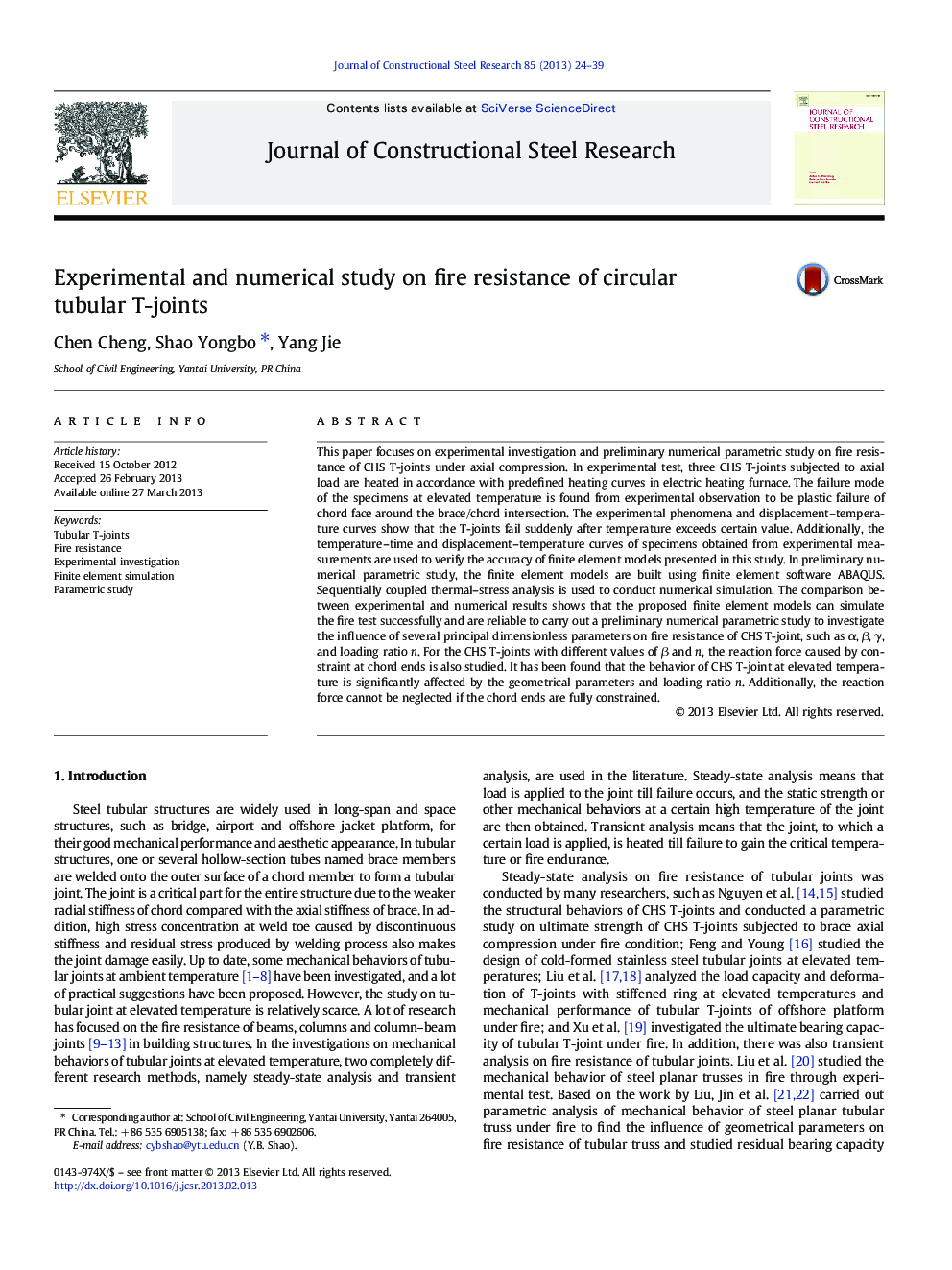 Experimental and numerical study on fire resistance of circular tubular T-joints