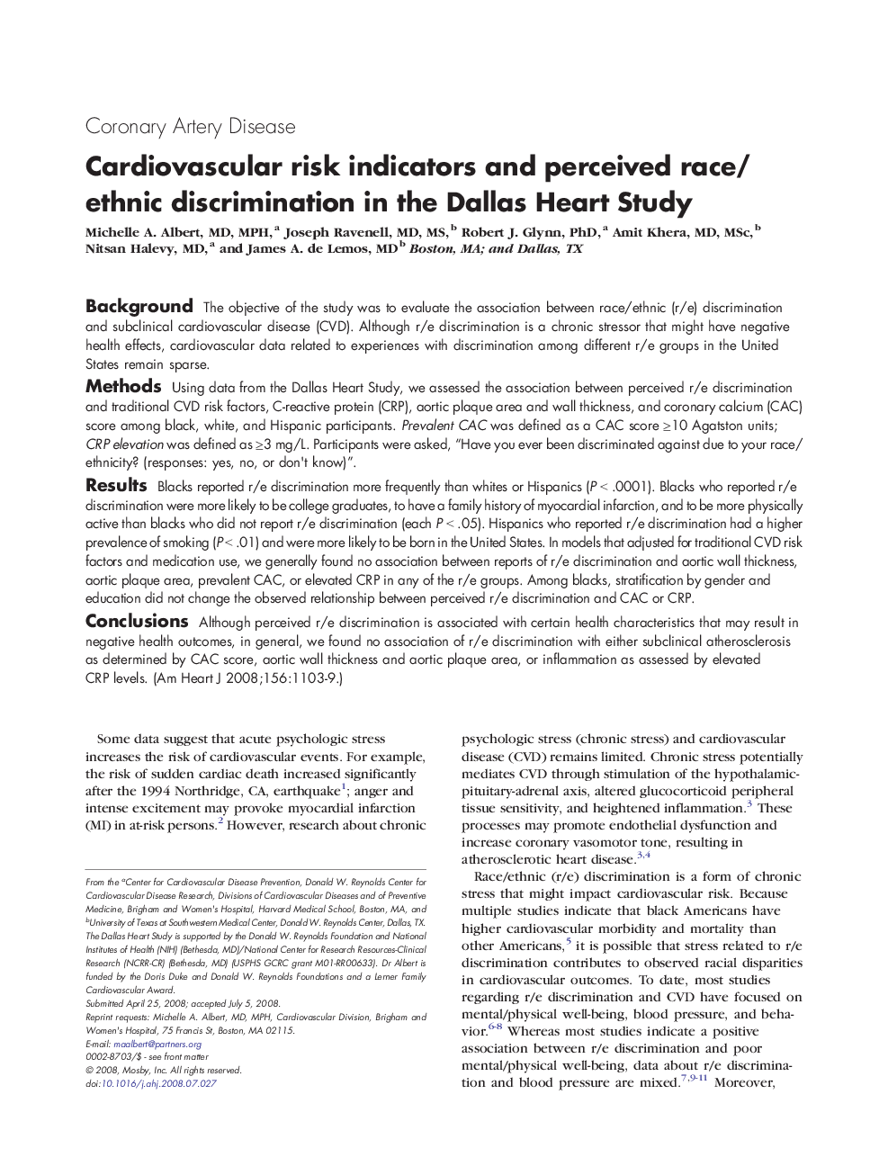 Cardiovascular risk indicators and perceived race/ethnic discrimination in the Dallas Heart Study 
