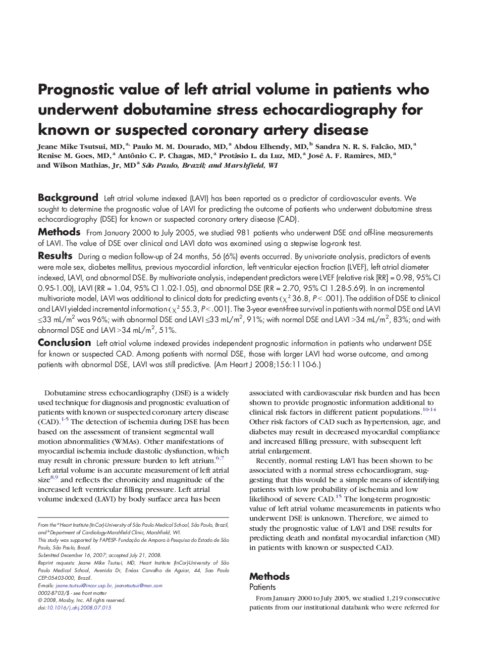 Prognostic value of left atrial volume in patients who underwent dobutamine stress echocardiography for known or suspected coronary artery disease