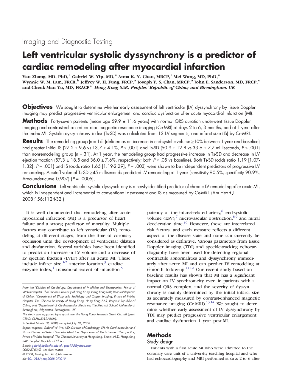 Left ventricular systolic dyssynchrony is a predictor of cardiac remodeling after myocardial infarction 