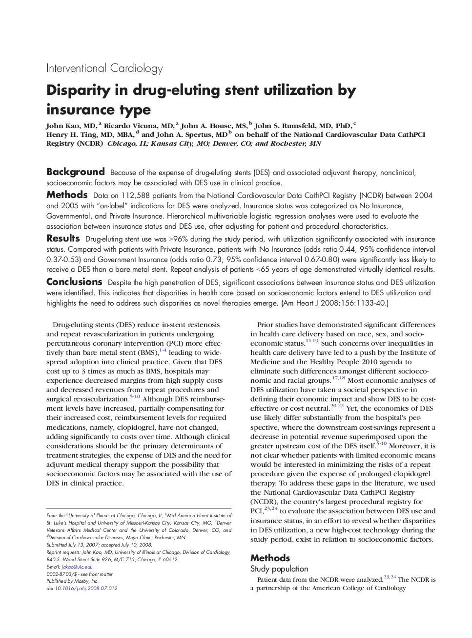 Disparity in drug-eluting stent utilization by insurance type