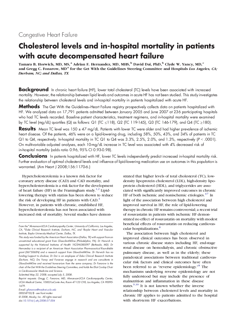 Cholesterol levels and in-hospital mortality in patients with acute decompensated heart failure 