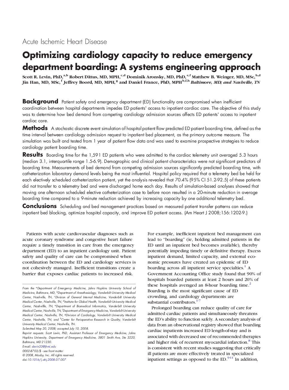 Optimizing cardiology capacity to reduce emergency department boarding: A systems engineering approach
