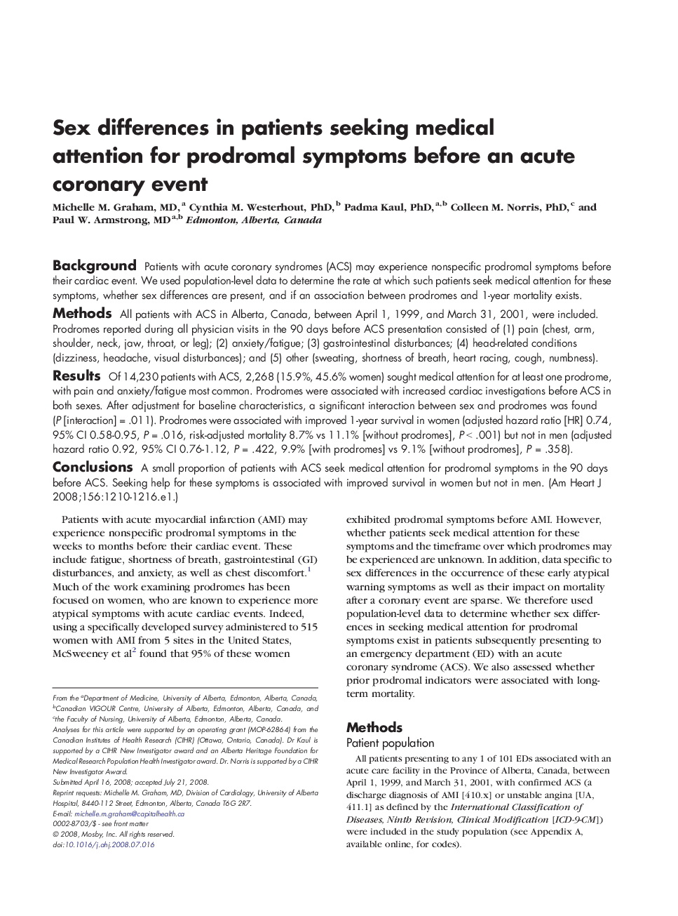 Sex differences in patients seeking medical attention for prodromal symptoms before an acute coronary event