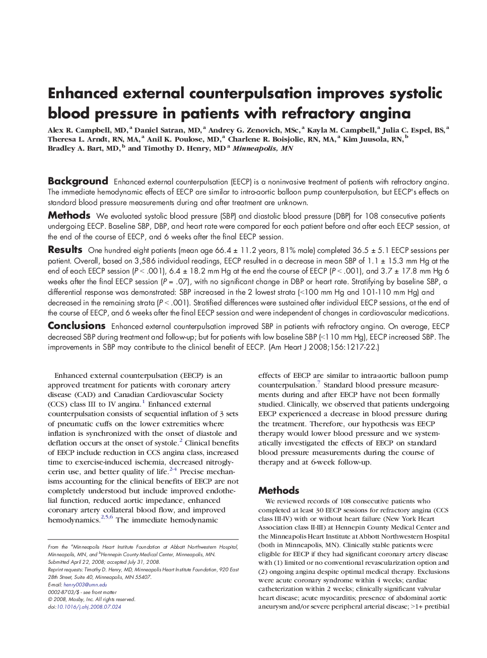 Enhanced external counterpulsation improves systolic blood pressure in patients with refractory angina