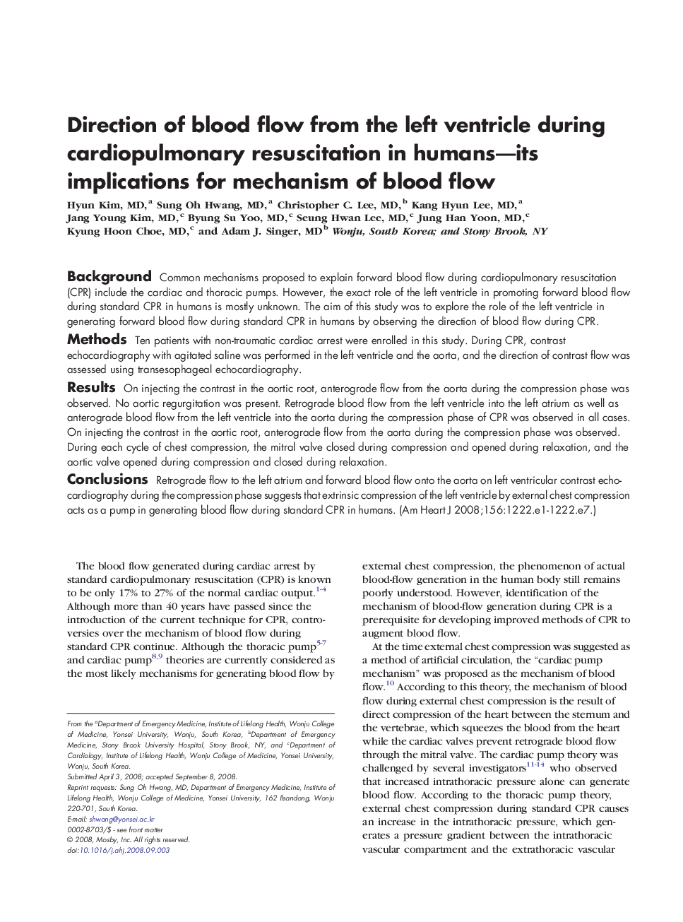 Direction of blood flow from the left ventricle during cardiopulmonary resuscitation in humans-its implications for mechanism of blood flow