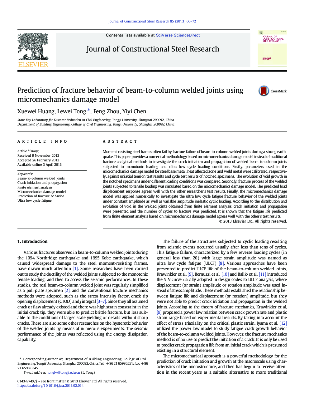 Prediction of fracture behavior of beam-to-column welded joints using micromechanics damage model