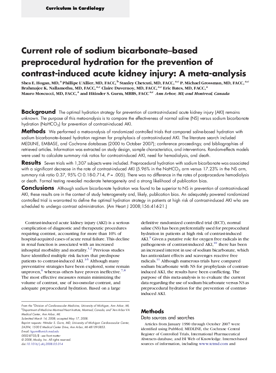 Current role of sodium bicarbonate–based preprocedural hydration for the prevention of contrast-induced acute kidney injury: A meta-analysis