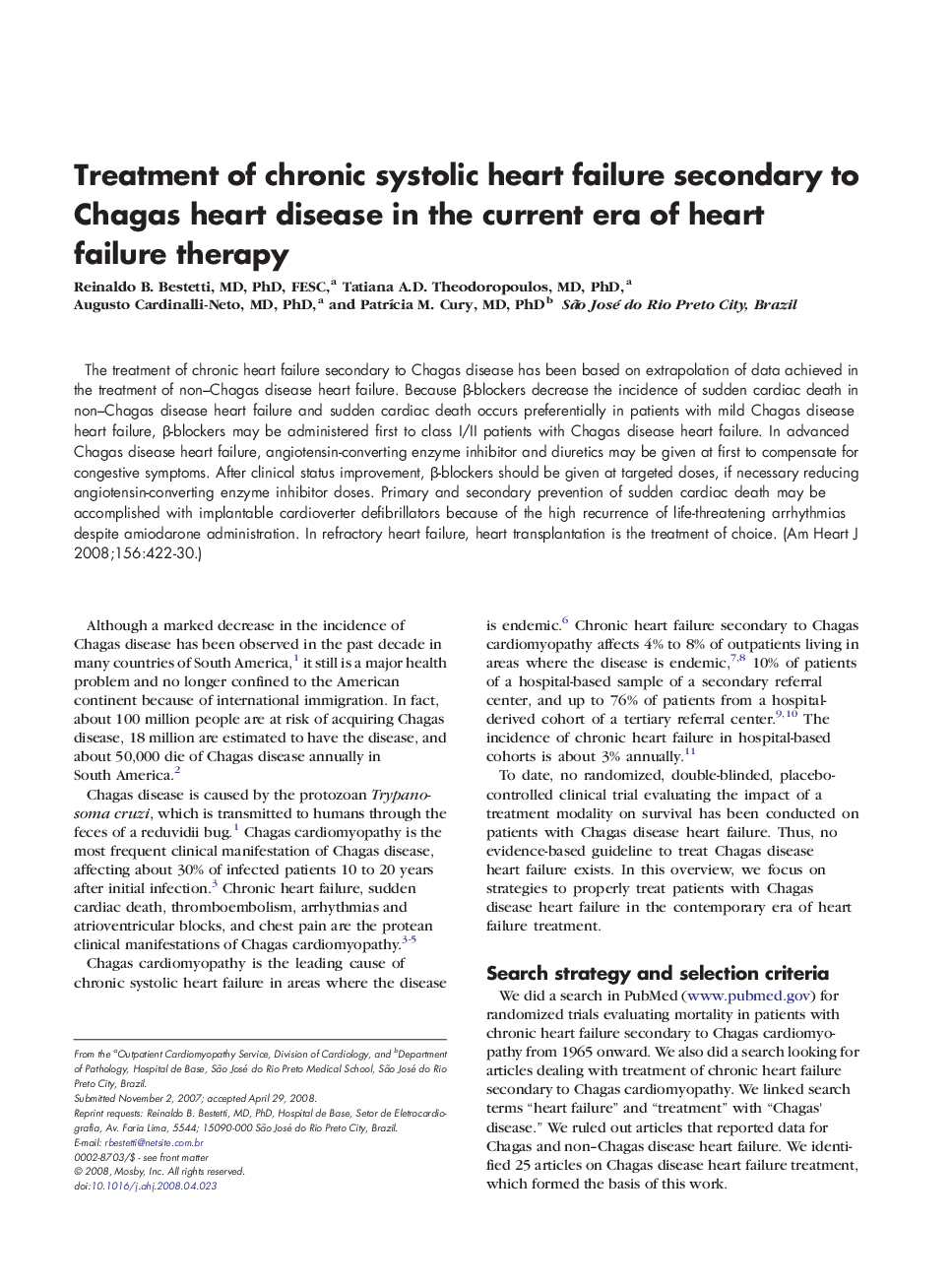 Treatment of chronic systolic heart failure secondary to Chagas heart disease in the current era of heart failure therapy