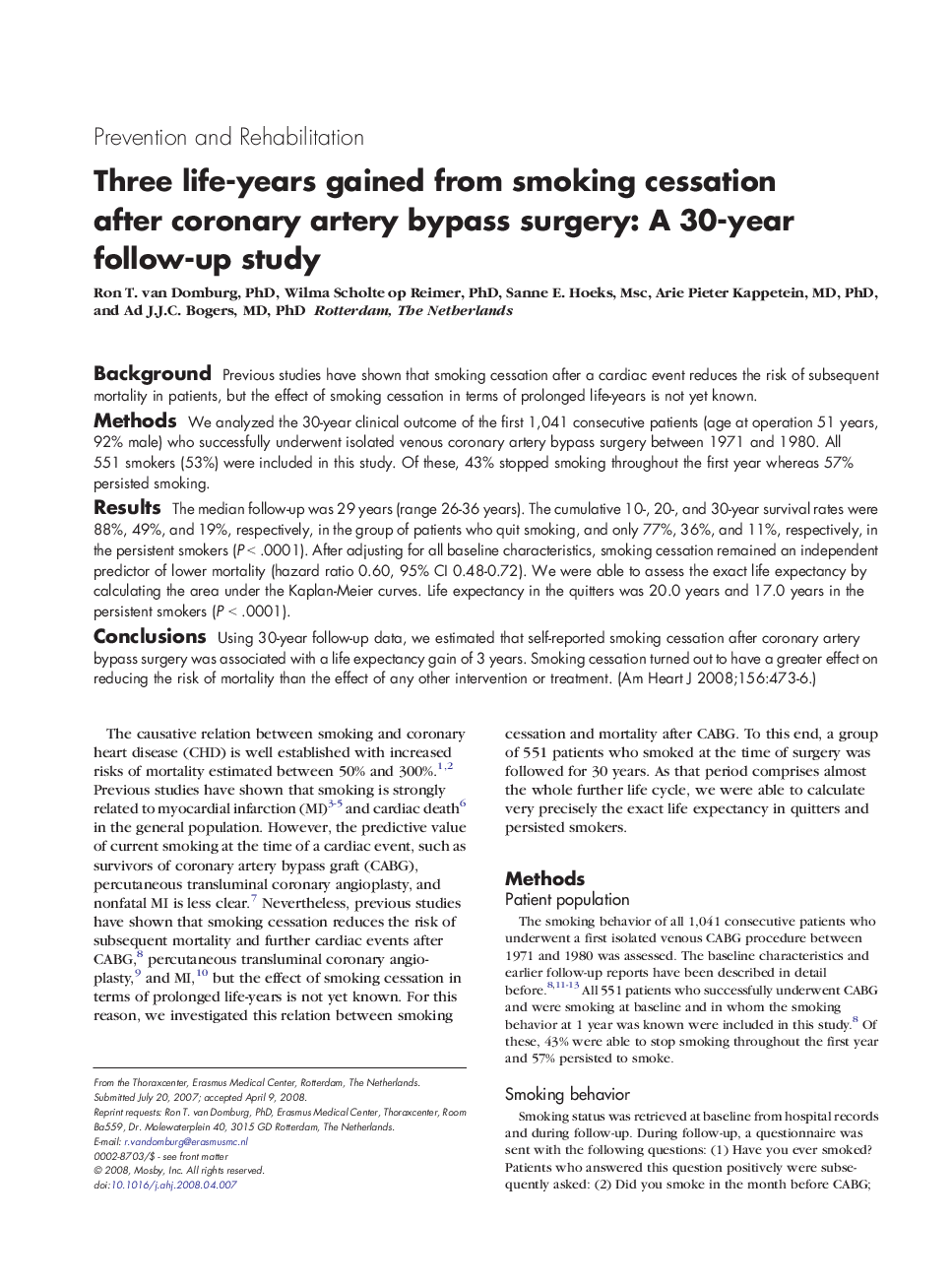 Three life-years gained from smoking cessation after coronary artery bypass surgery: A 30-year follow-up study