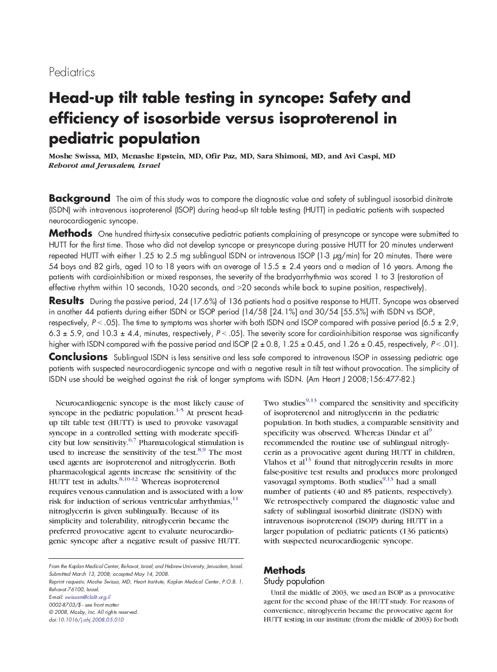 Head-up tilt table testing in syncope: Safety and efficiency of isosorbide versus isoproterenol in pediatric population