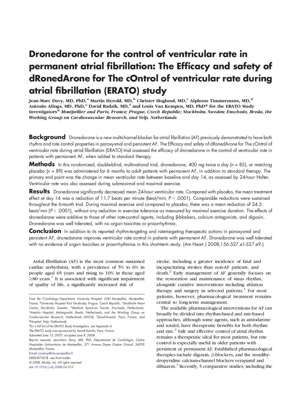 Dronedarone for the control of ventricular rate in permanent atrial fibrillation: The Efficacy and safety of dRonedArone for The cOntrol of ventricular rate during atrial fibrillation (ERATO) study