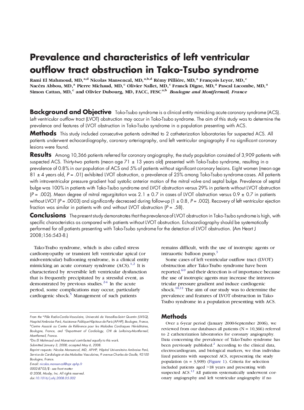 Prevalence and characteristics of left ventricular outflow tract obstruction in Tako-Tsubo syndrome d