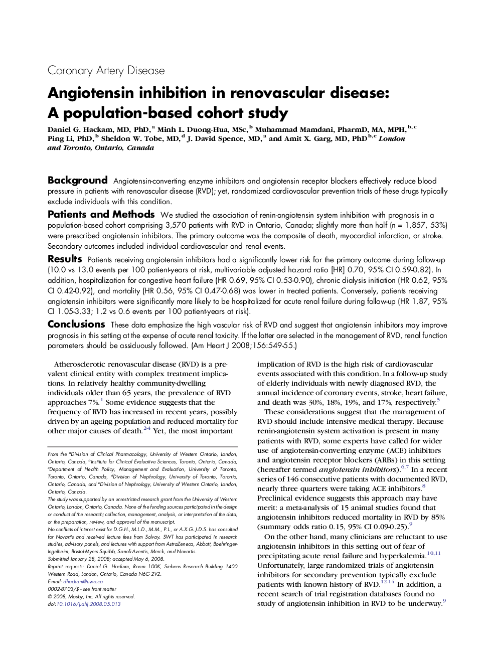 Angiotensin inhibition in renovascular disease: A population-based cohort study