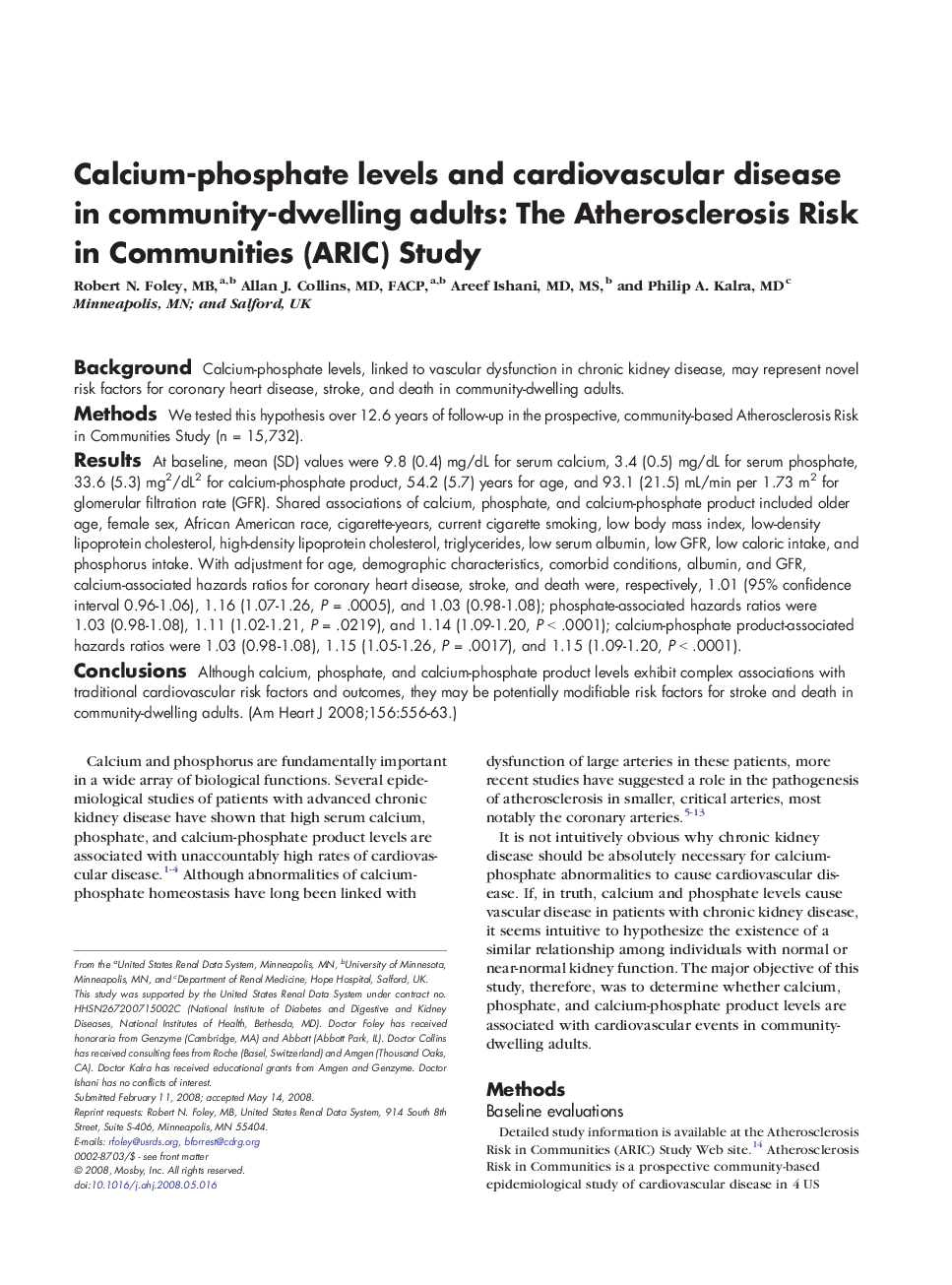 Calcium-phosphate levels and cardiovascular disease in community-dwelling adults: The Atherosclerosis Risk in Communities (ARIC) Study 