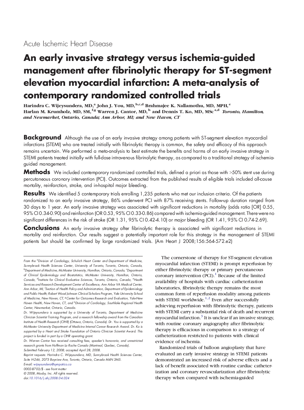 An early invasive strategy versus ischemia-guided management after fibrinolytic therapy for ST-segment elevation myocardial infarction: A meta-analysis of contemporary randomized controlled trials