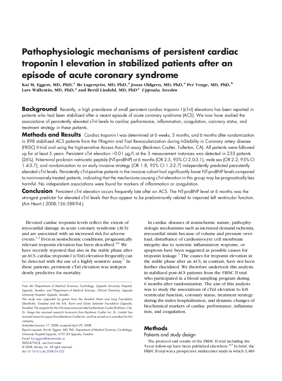 Pathophysiologic mechanisms of persistent cardiac troponin I elevation in stabilized patients after an episode of acute coronary syndrome 