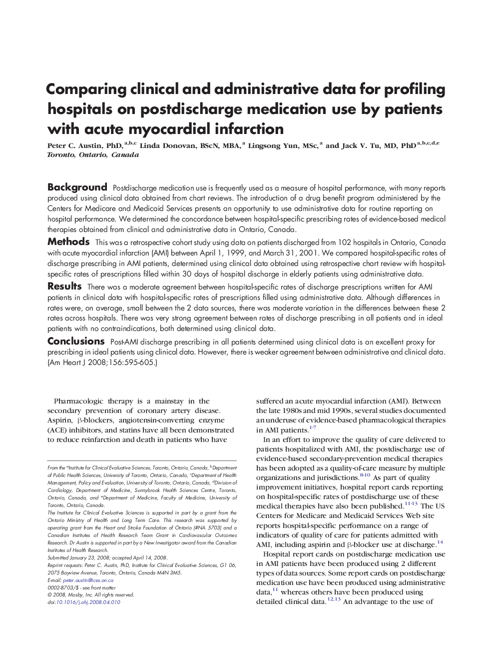 Comparing clinical and administrative data for profiling hospitals on postdischarge medication use by patients with acute myocardial infarction
