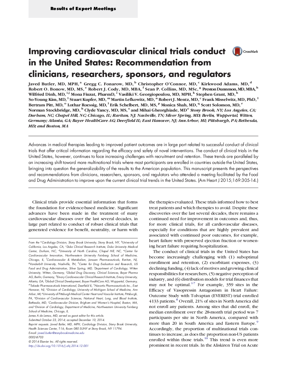 Improving cardiovascular clinical trials conduct in the United States: Recommendation from clinicians, researchers, sponsors, and regulators 