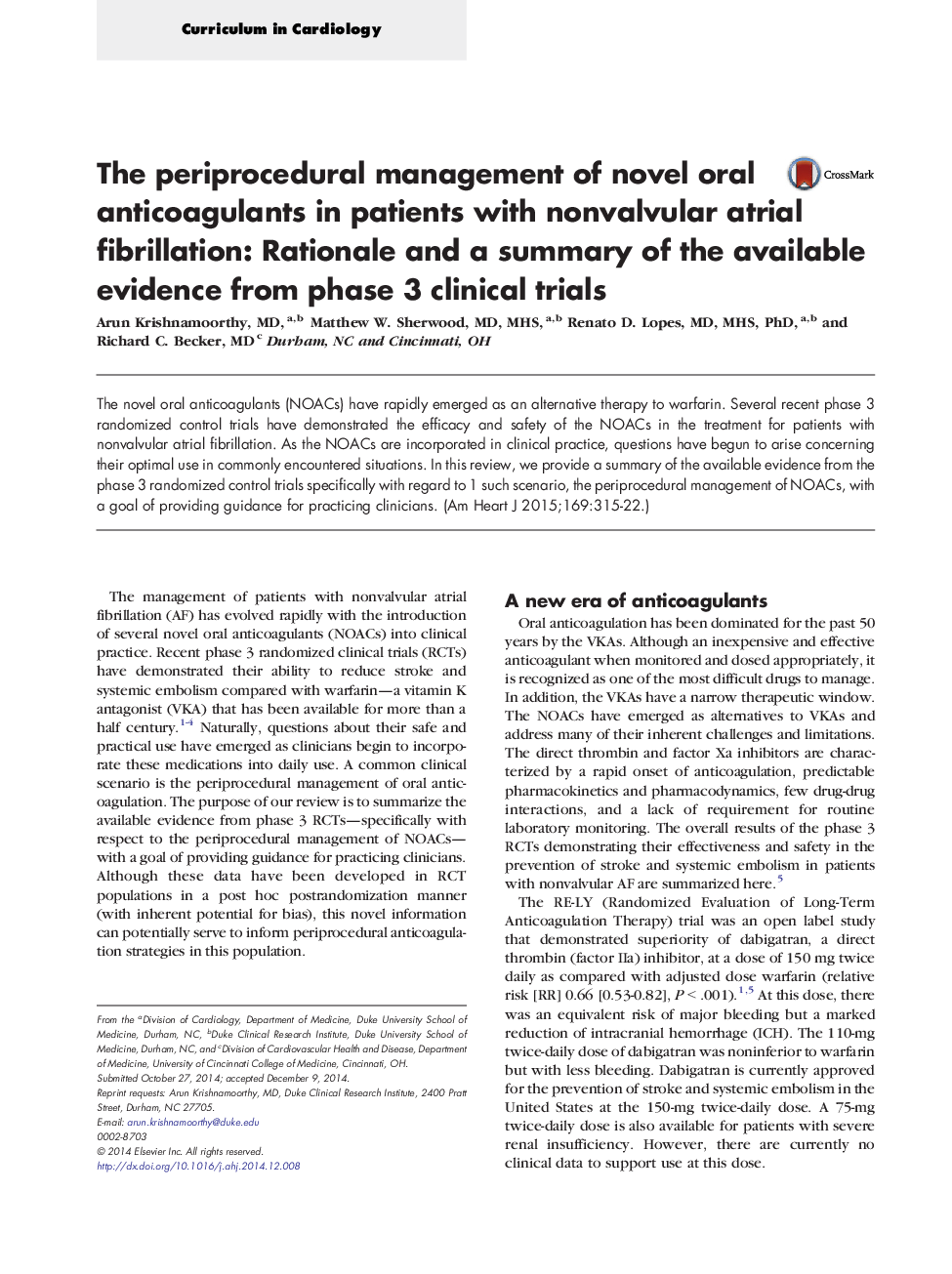 The periprocedural management of novel oral anticoagulants in patients with nonvalvular atrial fibrillation: Rationale and a summary of the available evidence from phase 3 clinical trials