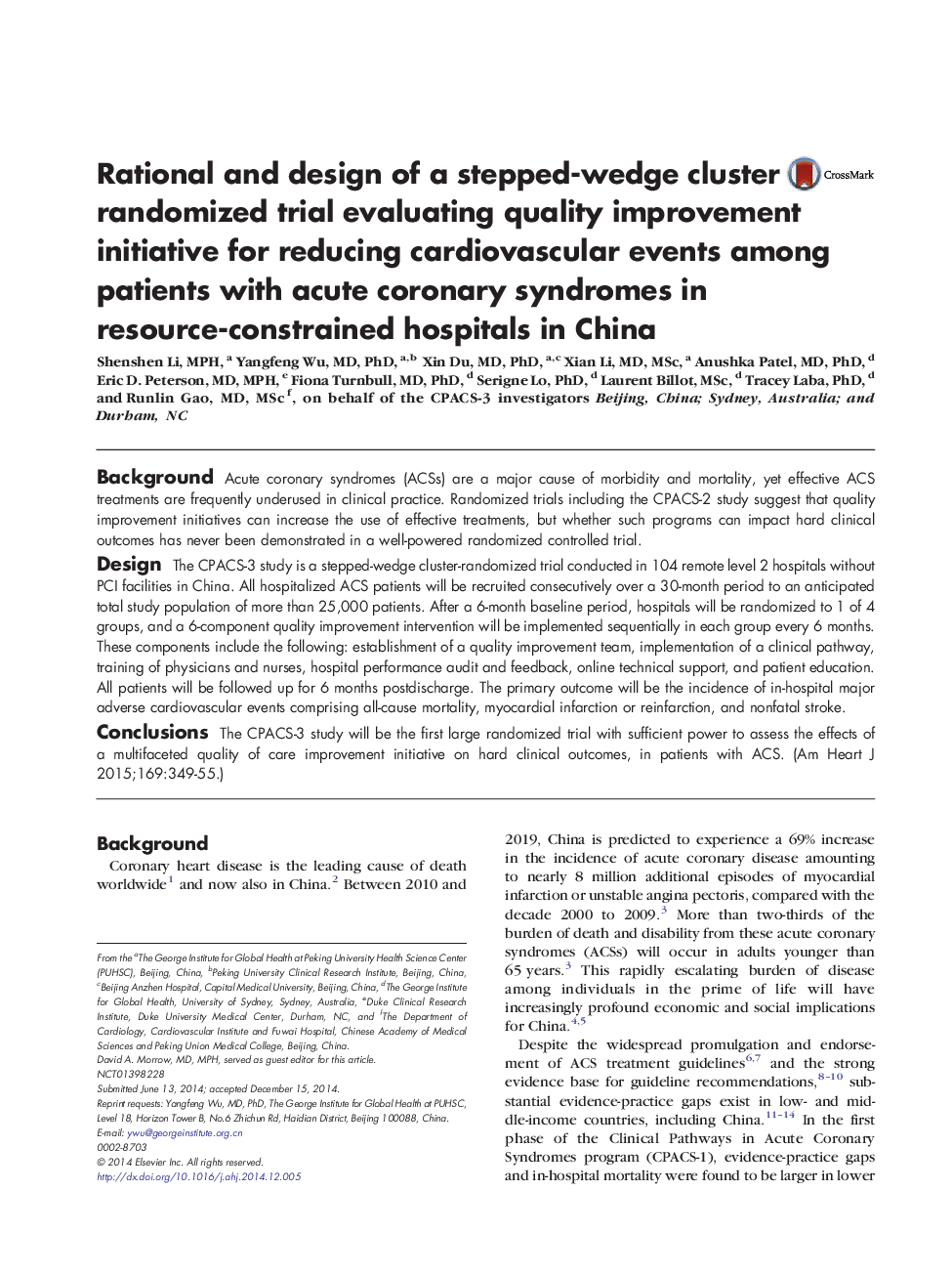 Rational and design of a stepped-wedge cluster randomized trial evaluating quality improvement initiative for reducing cardiovascular events among patients with acute coronary syndromes in resource-constrained hospitals in China 