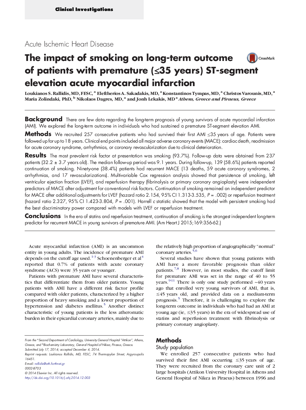The impact of smoking on long-term outcome of patients with premature (≤35 years) ST-segment elevation acute myocardial infarction
