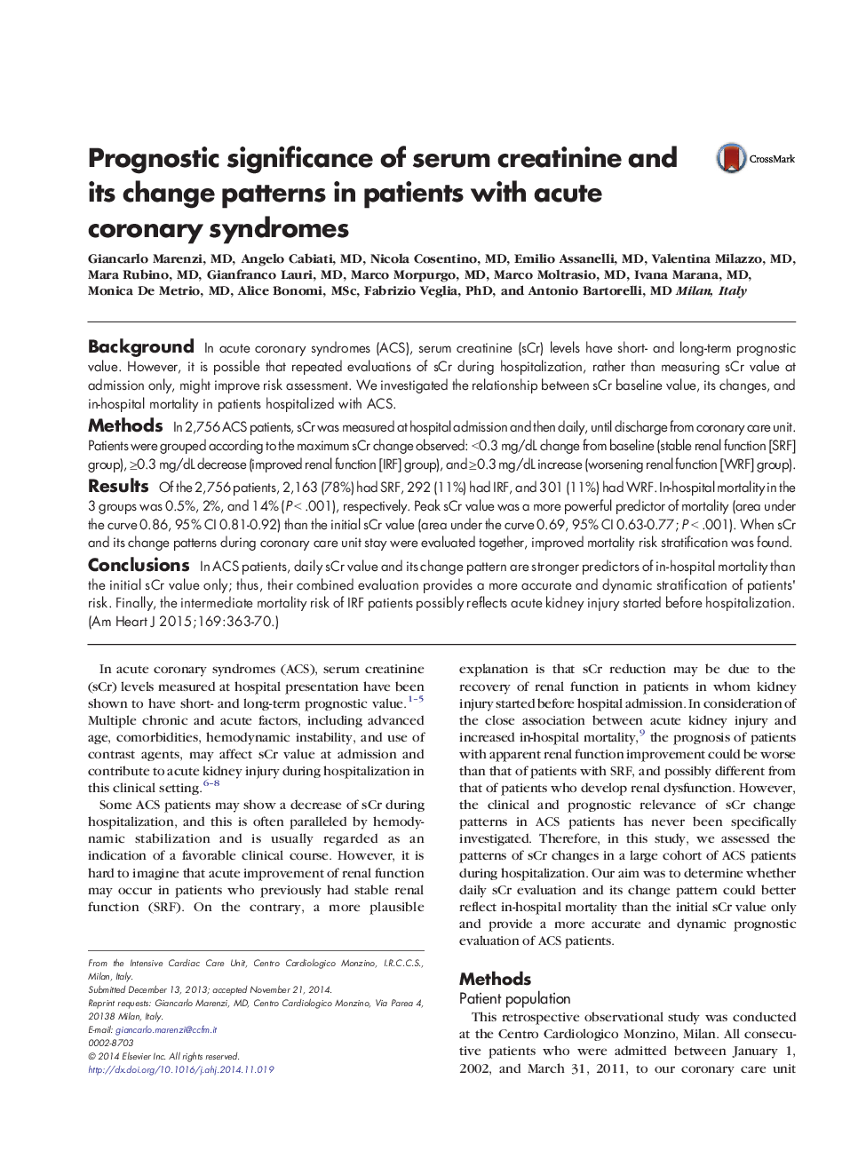 Prognostic significance of serum creatinine and its change patterns in patients with acute coronary syndromes