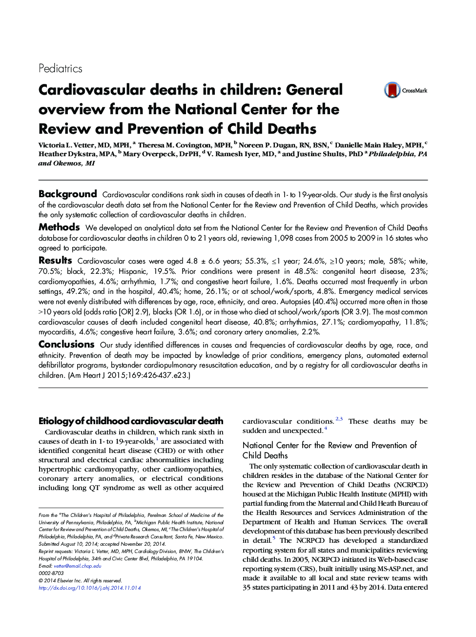 Cardiovascular deaths in children: General overview from the National Center for the Review and Prevention of Child Deaths
