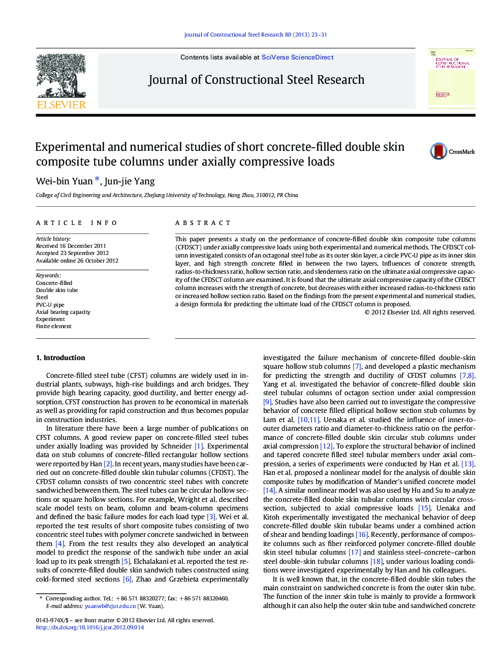 Experimental and numerical studies of short concrete-filled double skin composite tube columns under axially compressive loads