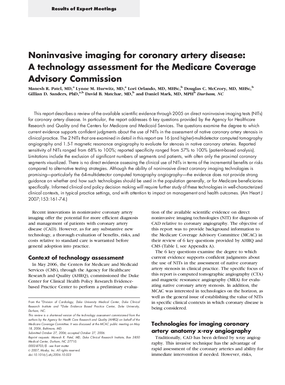 Noninvasive imaging for coronary artery disease: A technology assessment for the Medicare Coverage Advisory Commission
