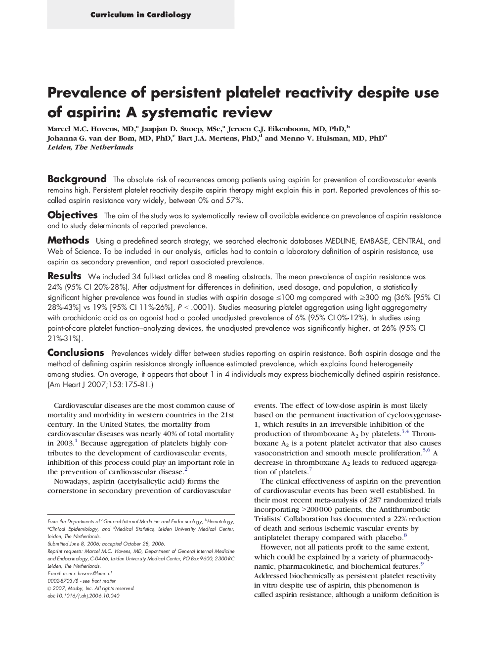Prevalence of persistent platelet reactivity despite use of aspirin: A systematic review