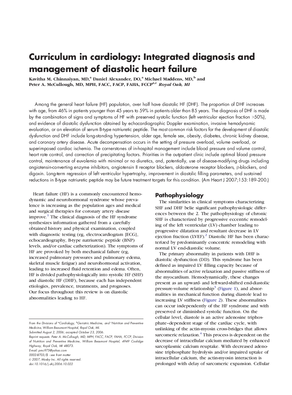 Curriculum in cardiology: Integrated diagnosis and management of diastolic heart failure